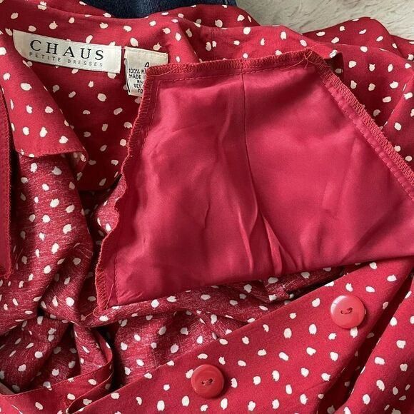 CHAUS Petite Vintage 80s Dress 4 Rayon Belt Pockets Red White Print Button Front - Picture 8 of 10